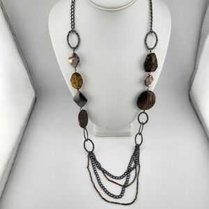 Long Gun Metal Bead Shell Layered Necklace‎